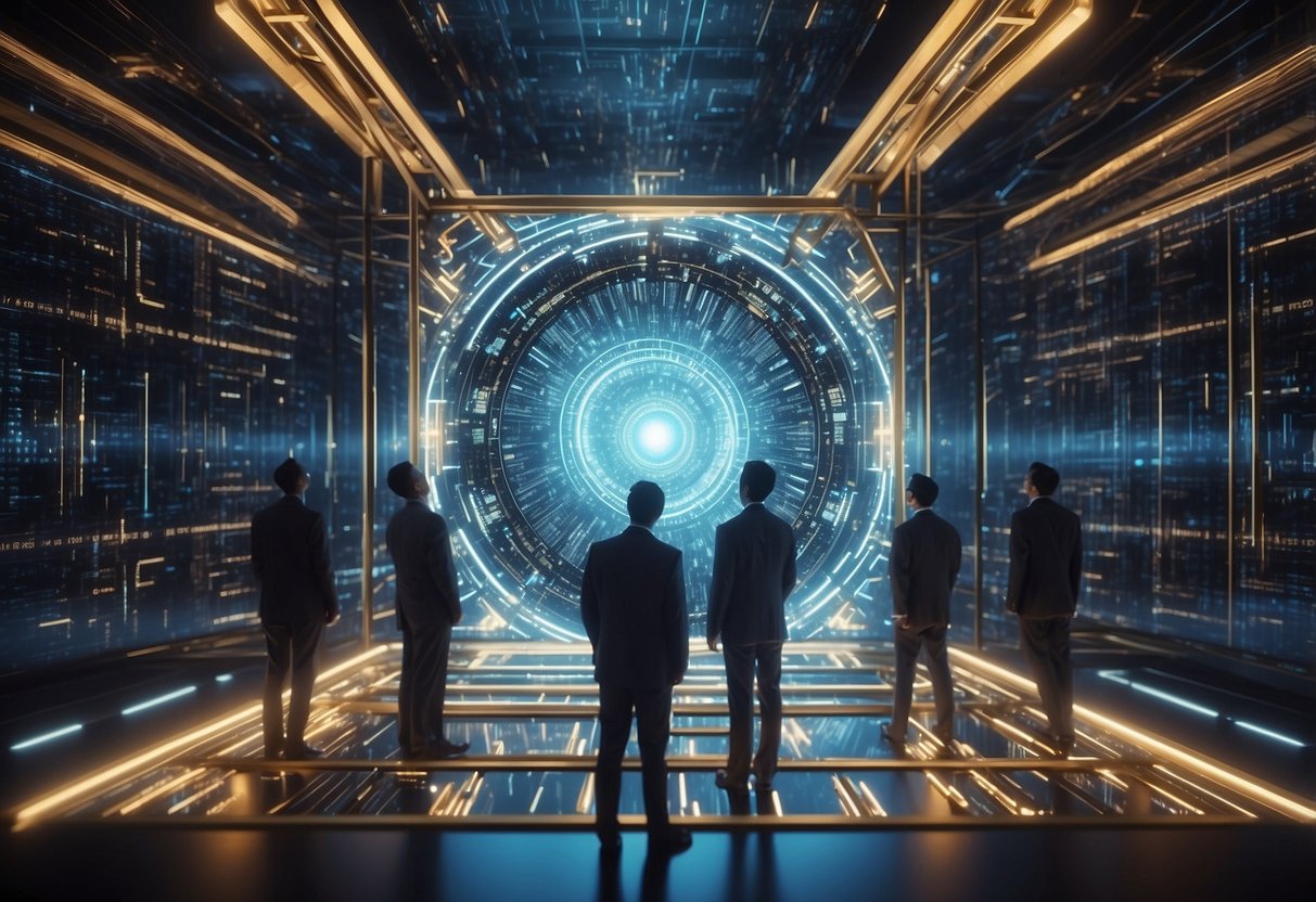 A quantum computer with glowing circuits and binary code streaming out, surrounded by scientists celebrating