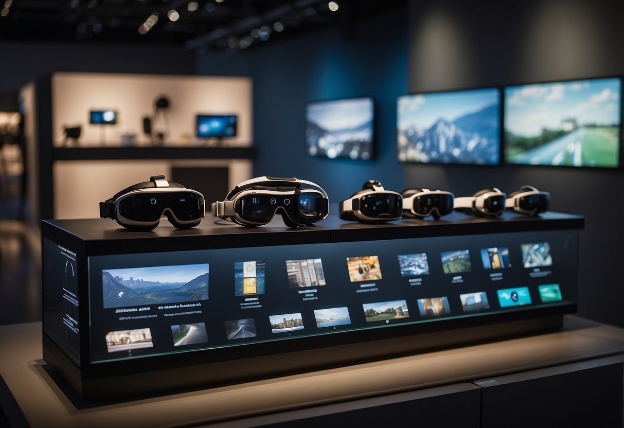 A timeline of VR devices and applications, from early prototypes to modern headsets, displayed in a museum exhibit