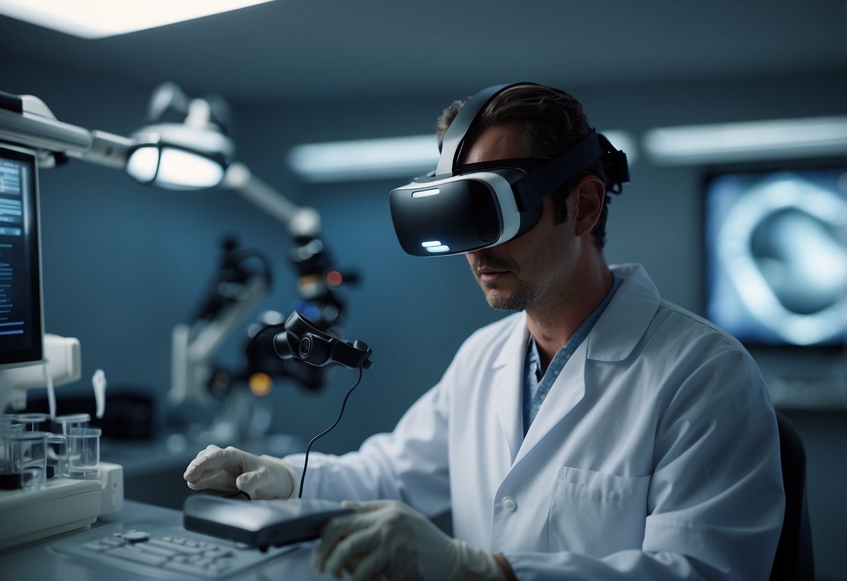 A VR headset is being used in a medical lab. A surgeon is practicing a complex procedure in a virtual environment