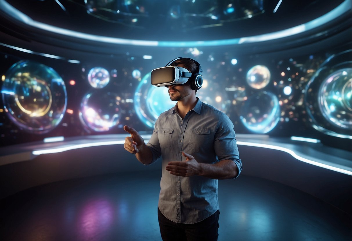 A futuristic VR headset surrounded by floating holographic images and interactive virtual environments