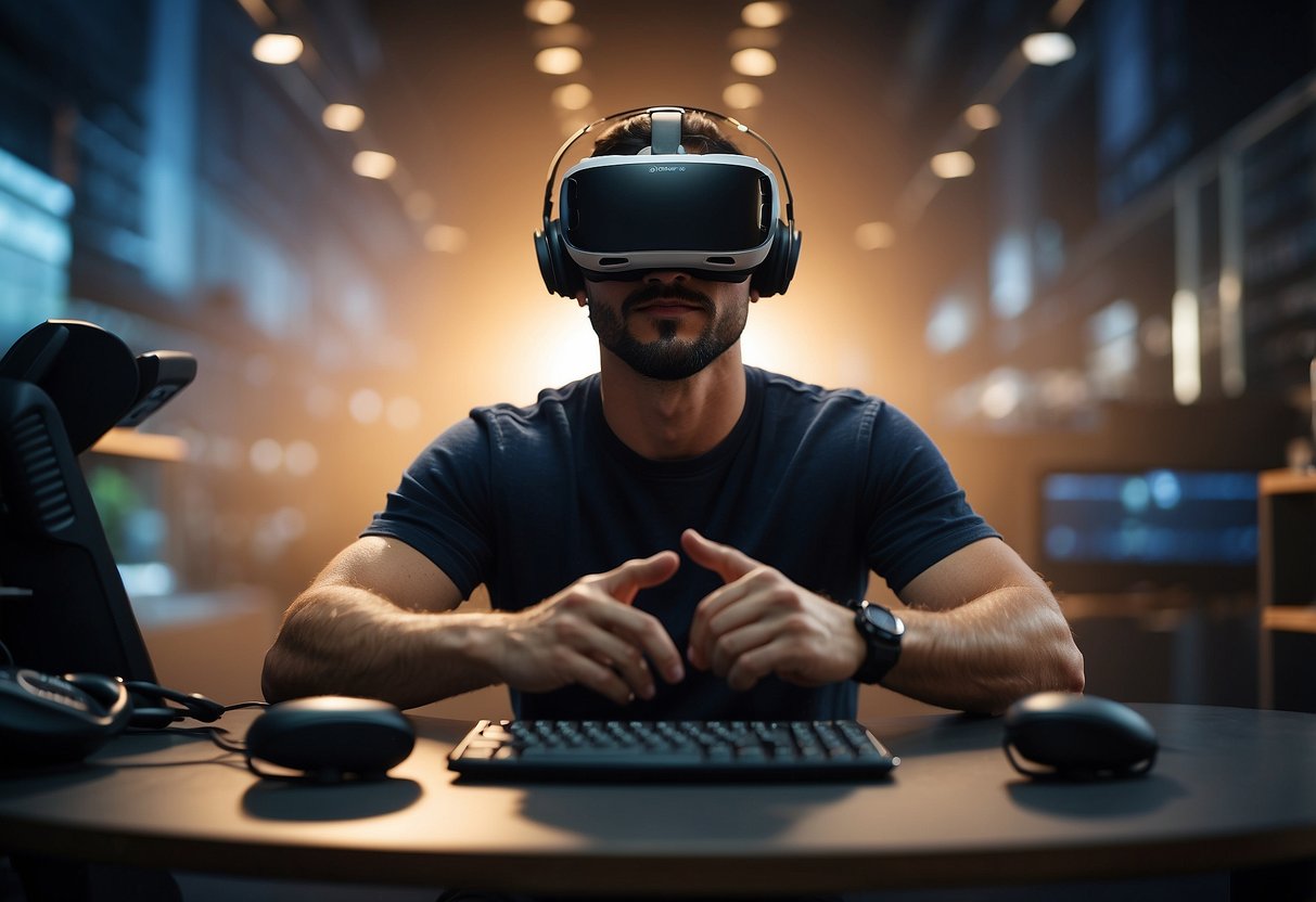 A VR headset sits on a table, connected to a powerful computer. A user interacts with virtual objects using handheld controllers