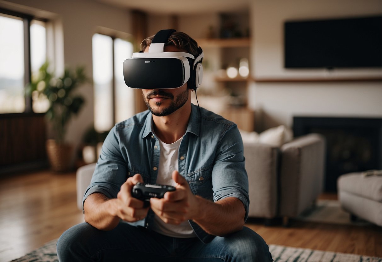 A person wearing a VR headset while interacting with virtual objects in a living room setting