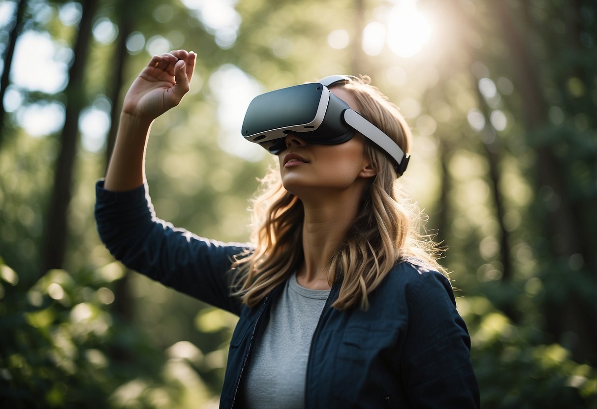 A person wearing a virtual reality headset, immersed in a serene digital environment, surrounded by calming nature scenes and soothing sounds