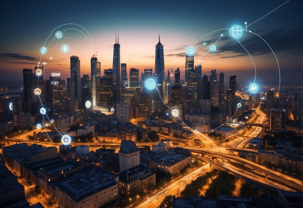 A bustling city skyline with interconnected devices and sensors, showcasing the impact of 5G and IoT technology on urban infrastructure and communication