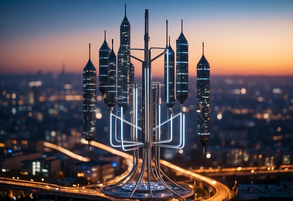 A network of 5G towers and antennas standing tall amidst a city skyline, transmitting high-speed data and connecting devices seamlessly