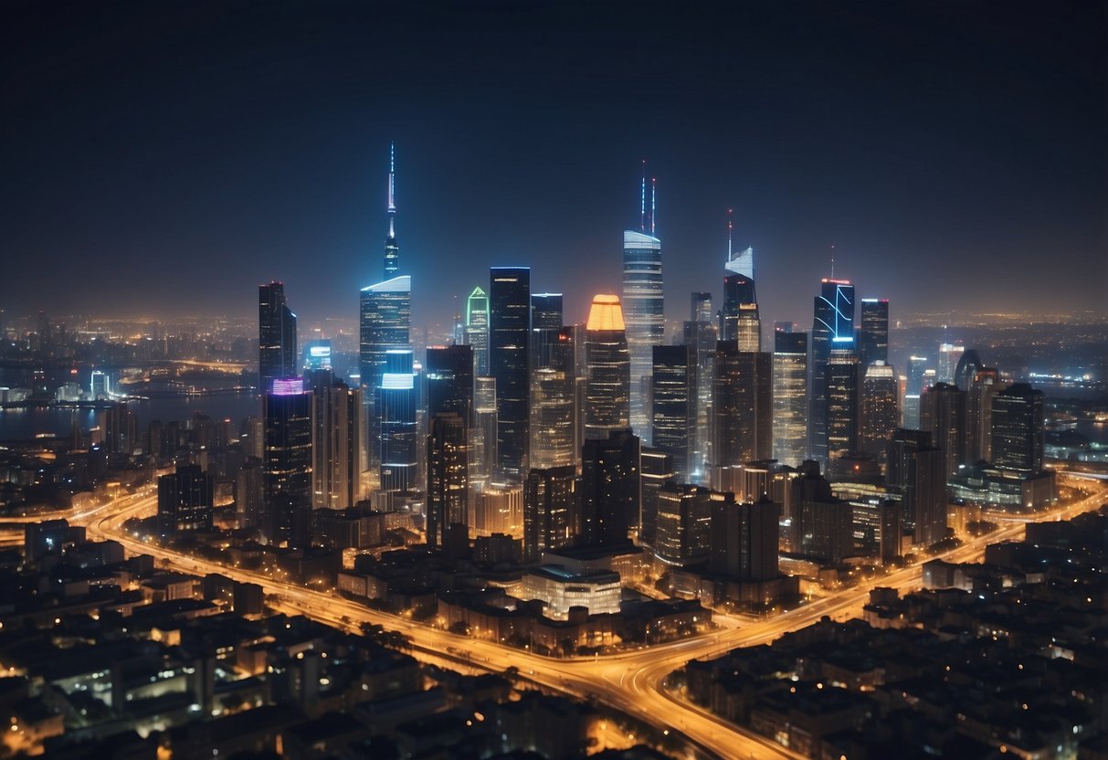 The bustling city skyline with various industries and enterprises integrating 5G technology into their operations, with high-tech communication towers and devices visible