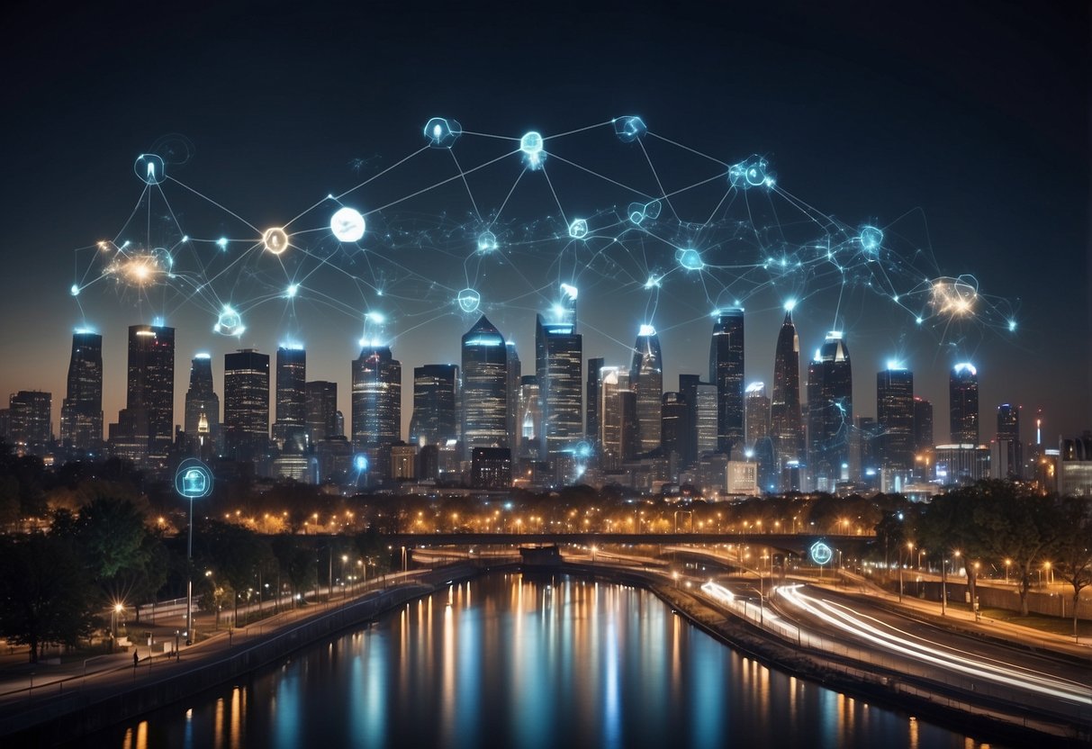 A bustling city skyline with 5G towers and data streams connecting businesses, industries, and consumers, showcasing the economic impact of 5G technology