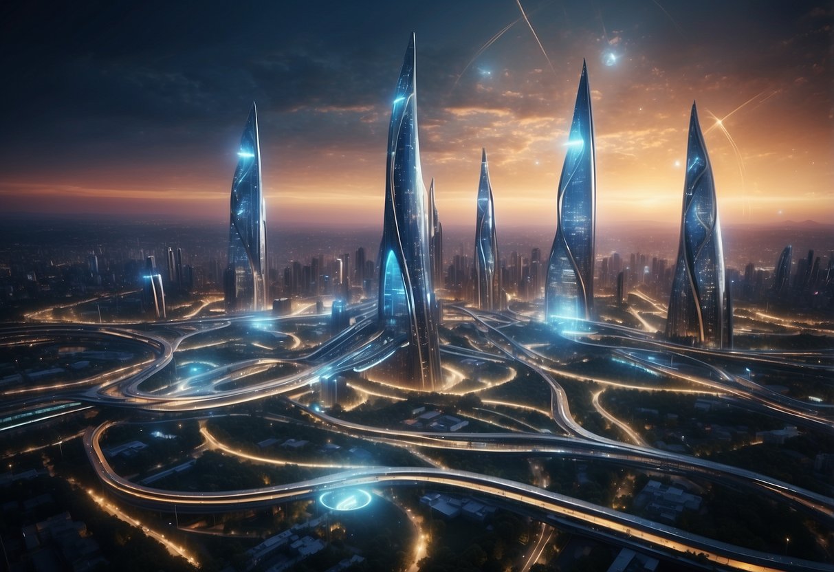 A futuristic city skyline with interconnected towers emitting signals, surrounded by data streams and wireless communication waves