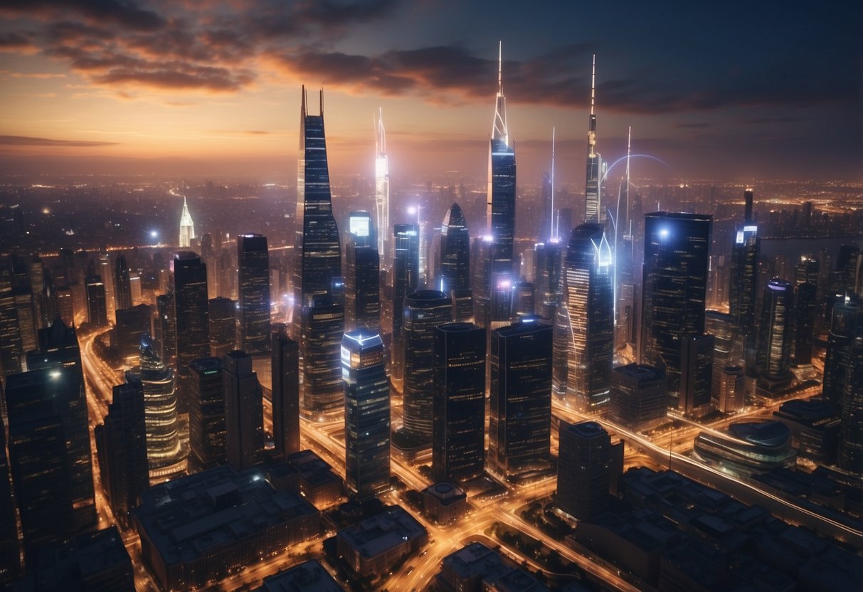 A bustling city skyline with 5G towers and devices seamlessly connecting and interacting with each other, creating a network of enhanced connectivity and user experience