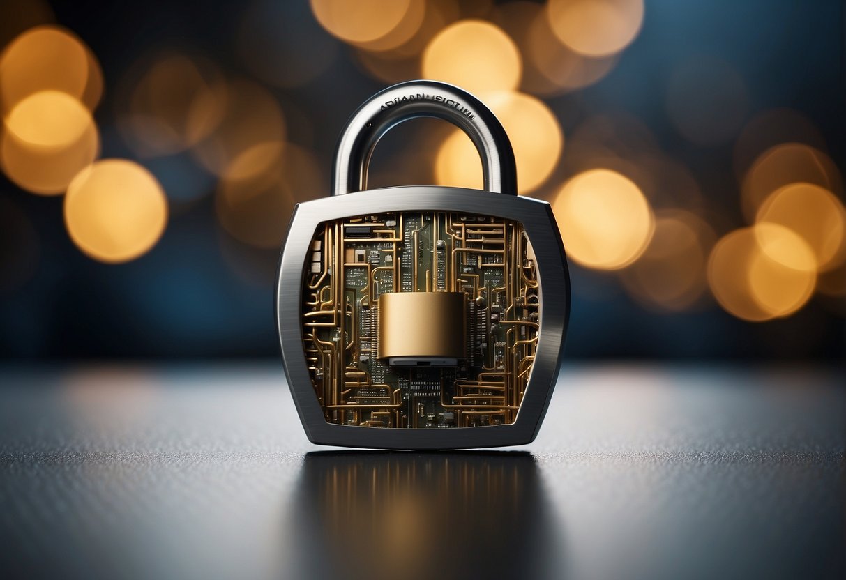 A locked padlock symbolizing security, surrounded by interconnected devices with data encryption and shielded by a firewall