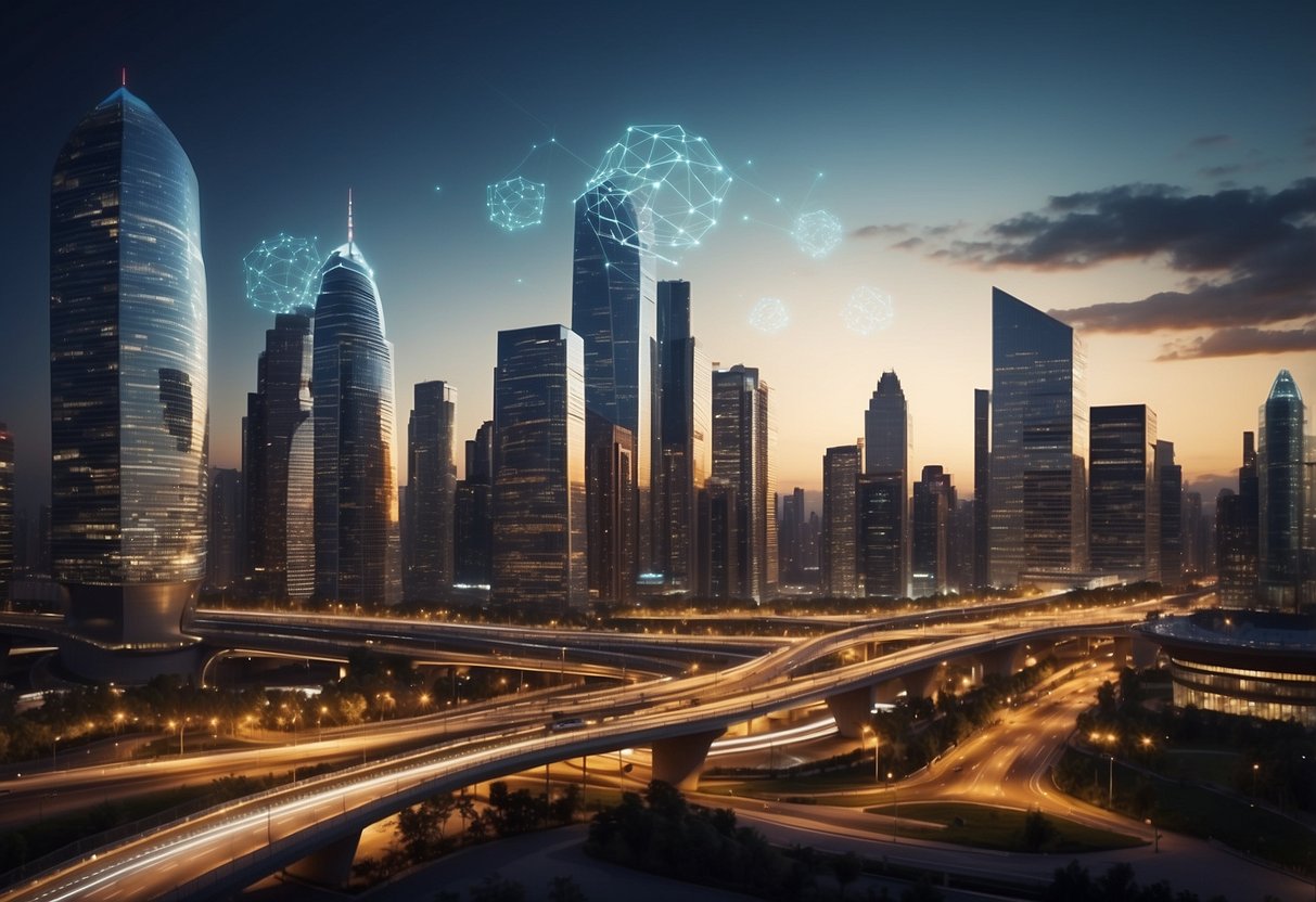 A city skyline with interconnected buildings, streets, and transportation systems. Digital sensors and data networks are visible throughout, showcasing IoT innovations