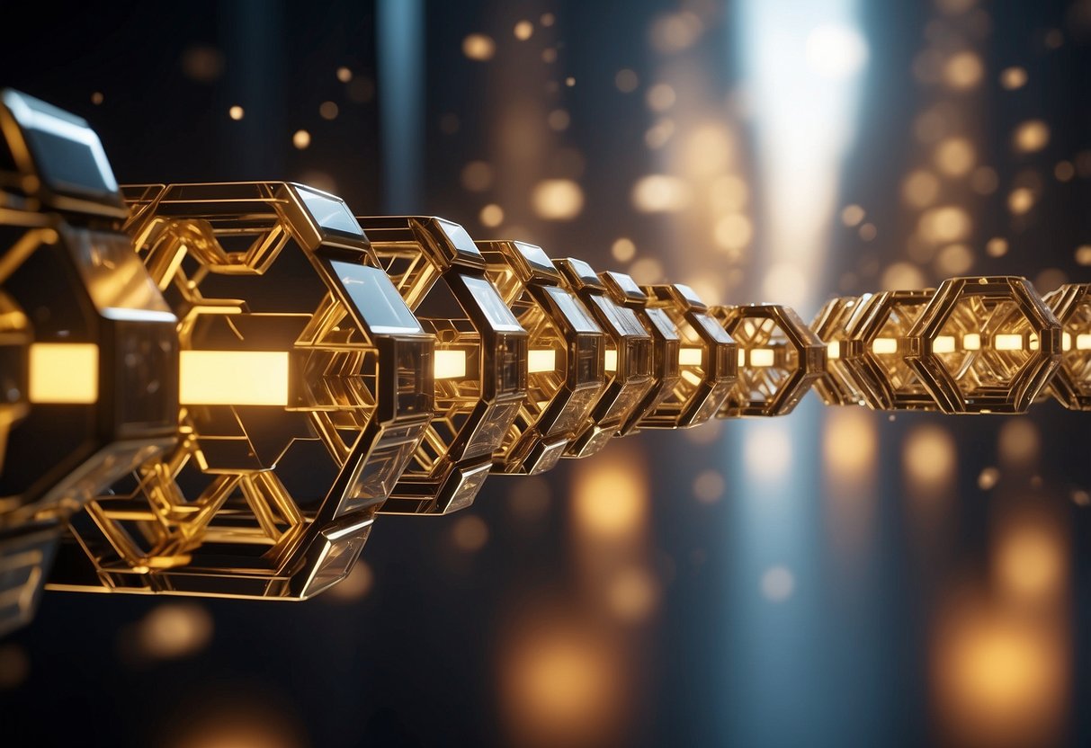 A network of interconnected blocks, symbolizing data and transactions, extends beyond a digital currency. The blocks form a chain, representing the secure and transparent nature of blockchain technology