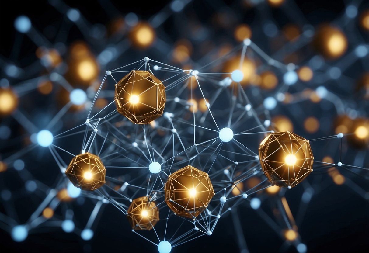 A network of interconnected blocks symbolizing challenges and solutions in blockchain adoption. Various nodes representing different industries and technologies