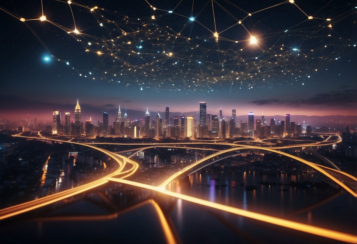 A futuristic city skyline with interconnected nodes representing blockchain and emerging technologies. Bright, neon lights symbolize the integration and innovation