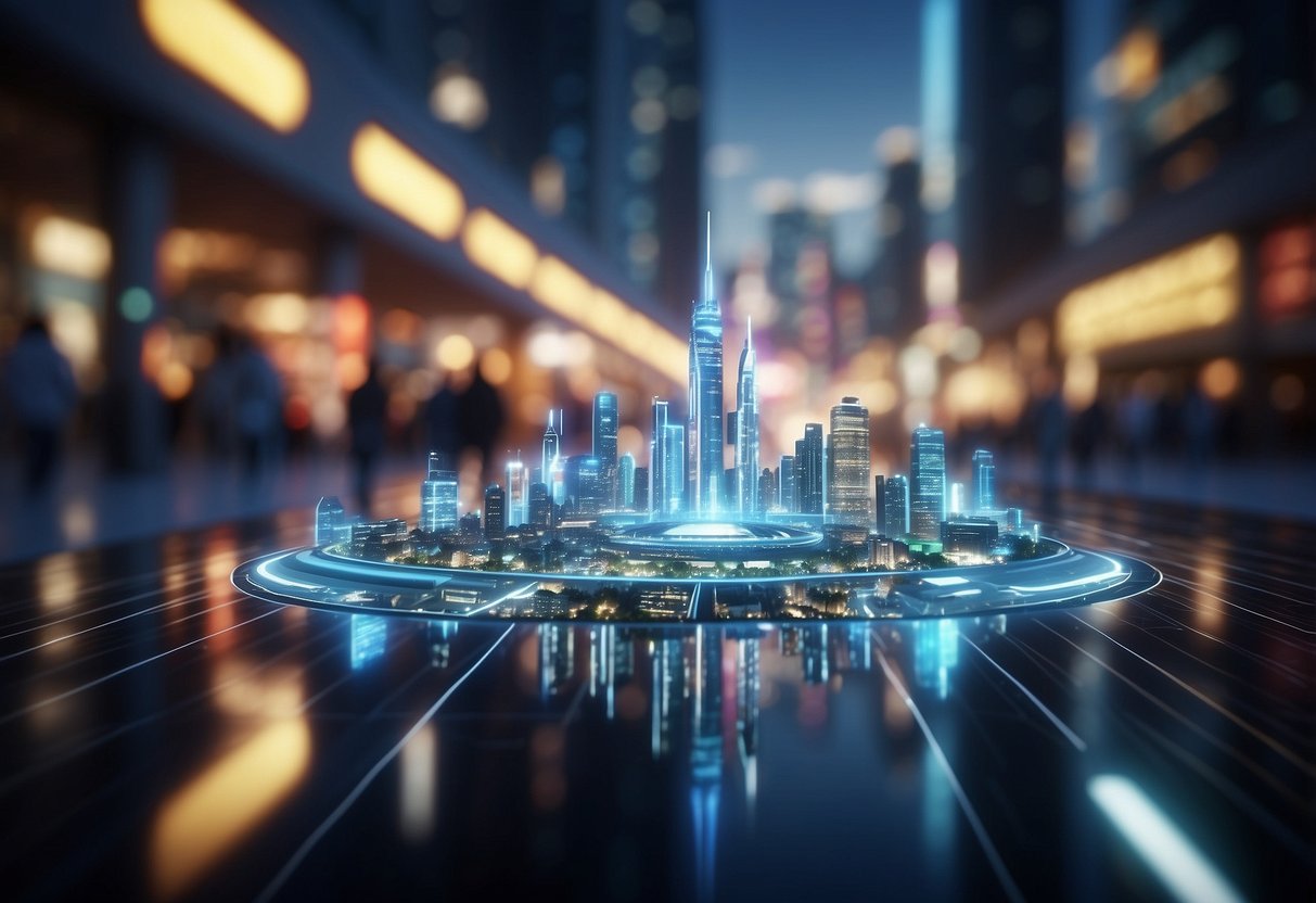 A futuristic cityscape with holographic overlays, virtual information, and interactive digital elements blending seamlessly with the physical environment