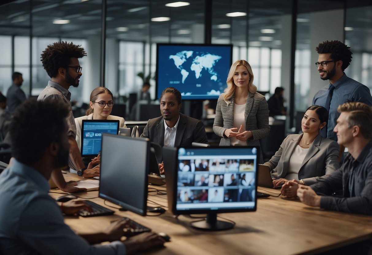 A diverse group of people discussing ethical tech considerations in a modern office setting. Computer screens and tech devices are visible