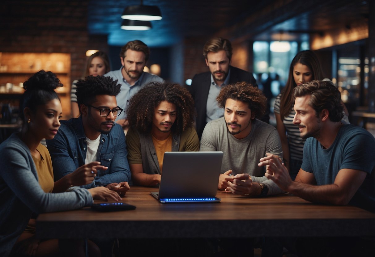 A diverse group of people interacting with various technological devices, some individuals appear frustrated or excluded while others benefit