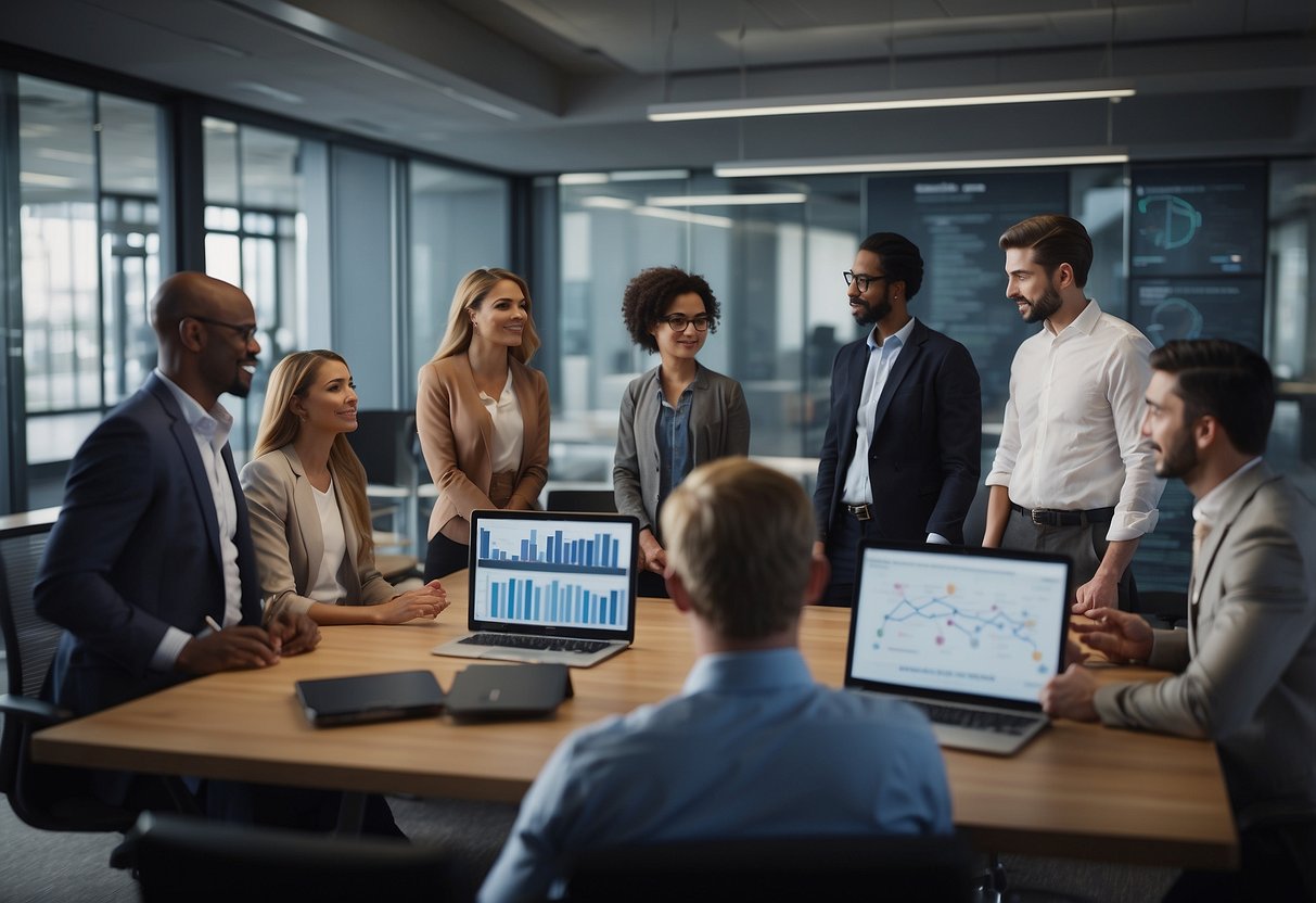 A diverse group of people discussing ethical tech considerations in a modern office setting with computer screens and charts in the background