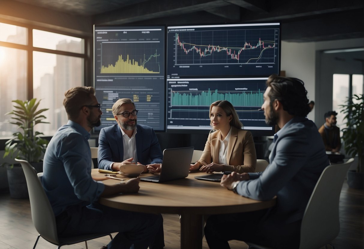 A diverse group of people discussing the ethical implications of various tech markets, surrounded by charts and diagrams