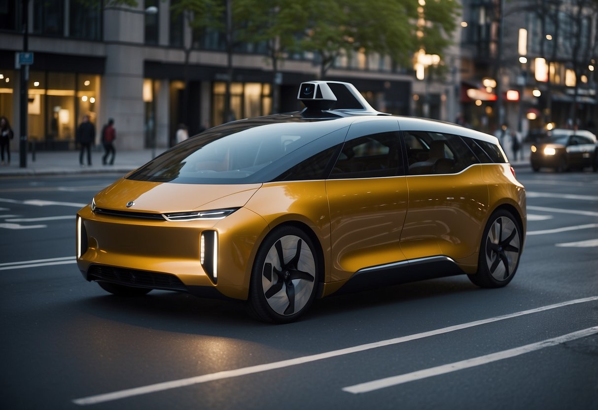 A sleek autonomous vehicle navigates a bustling city street, seamlessly avoiding obstacles and traffic. Cutting-edge sensors and cameras adorn the vehicle, showcasing the future of autonomous driving technology