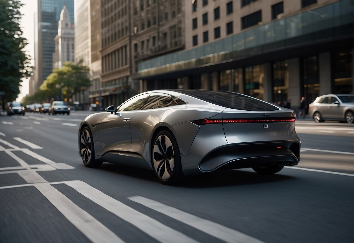 A sleek autonomous vehicle navigates through a bustling city street, passing by skyscrapers and busy intersections with ease