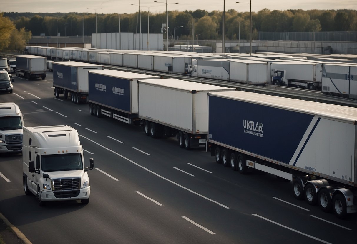 A convoy of autonomous trucks navigates a busy logistics hub, seamlessly loading and unloading freight with robotic arms and drones