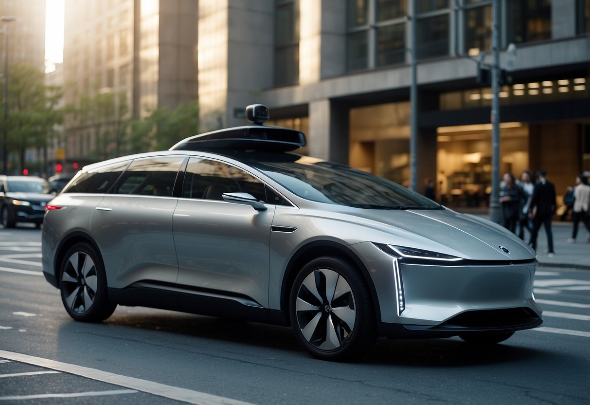 A sleek, self-driving car navigates through a bustling city, seamlessly adapting to traffic patterns and pedestrian movement. The vehicle exudes a sense of modernity and efficiency, hinting at the future of autonomous transportation