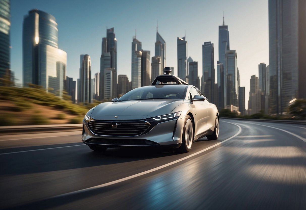 A sleek, self-driving car navigates a futuristic cityscape, passing by skyscrapers and utilizing advanced technology