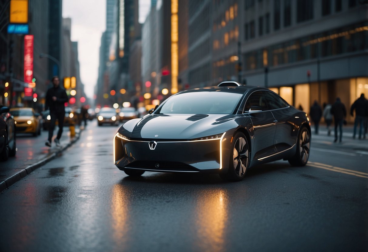 A sleek autonomous vehicle navigates through a bustling city, avoiding obstacles and seamlessly communicating with surrounding vehicles