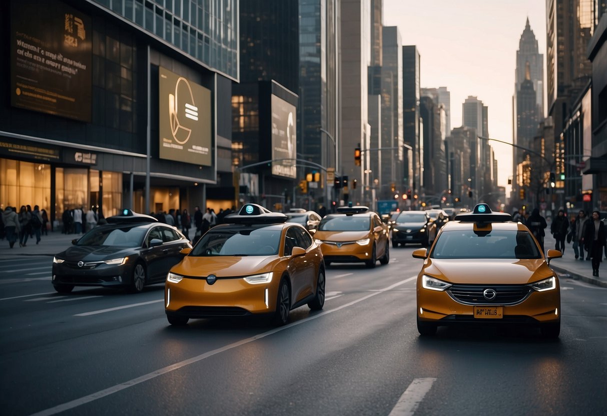 A bustling city street with sleek autonomous vehicles navigating traffic and pedestrians, while electronic billboards display advertisements for self-driving car services