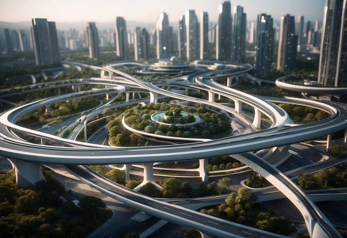 A futuristic city with sleek, elevated roadways for autonomous vehicles, integrated with smart infrastructure and green spaces