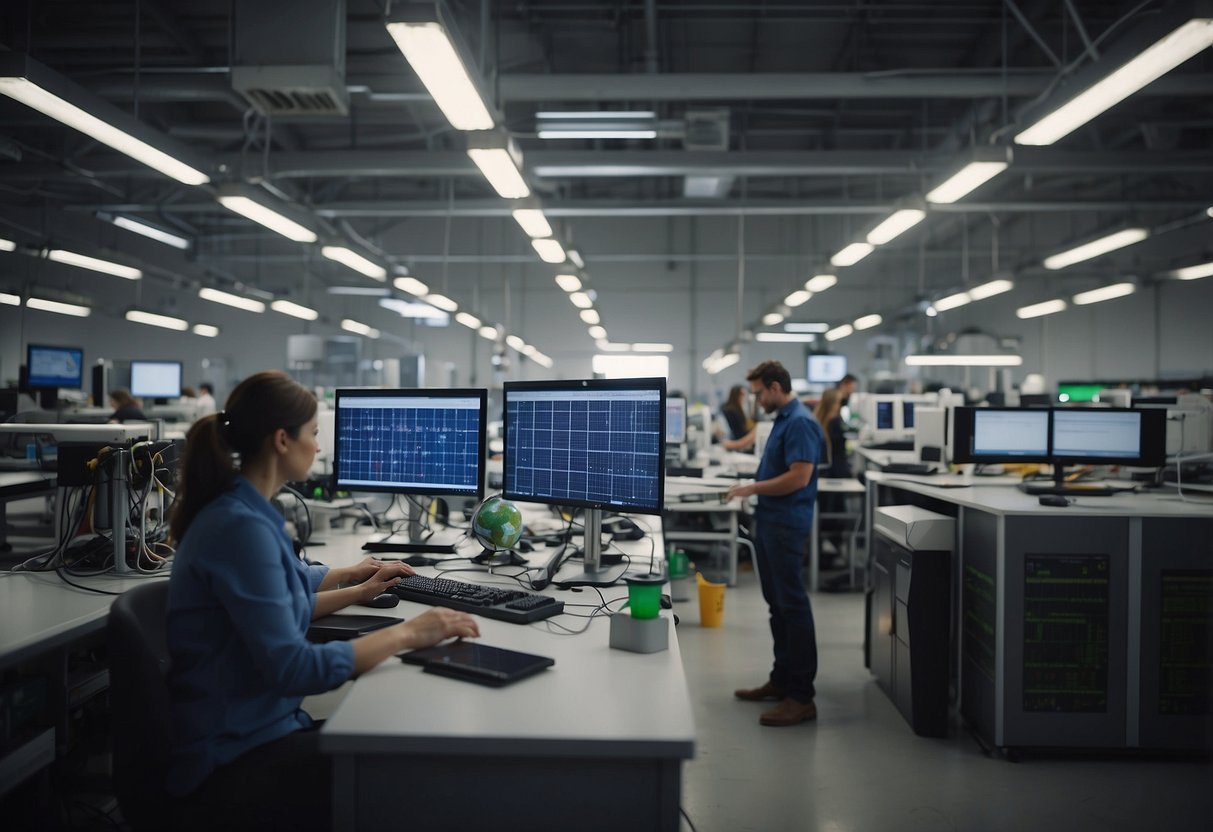 A bustling tech lab with solar panels, wind turbines, and recycling machines. A team of engineers collaborates on eco-friendly designs