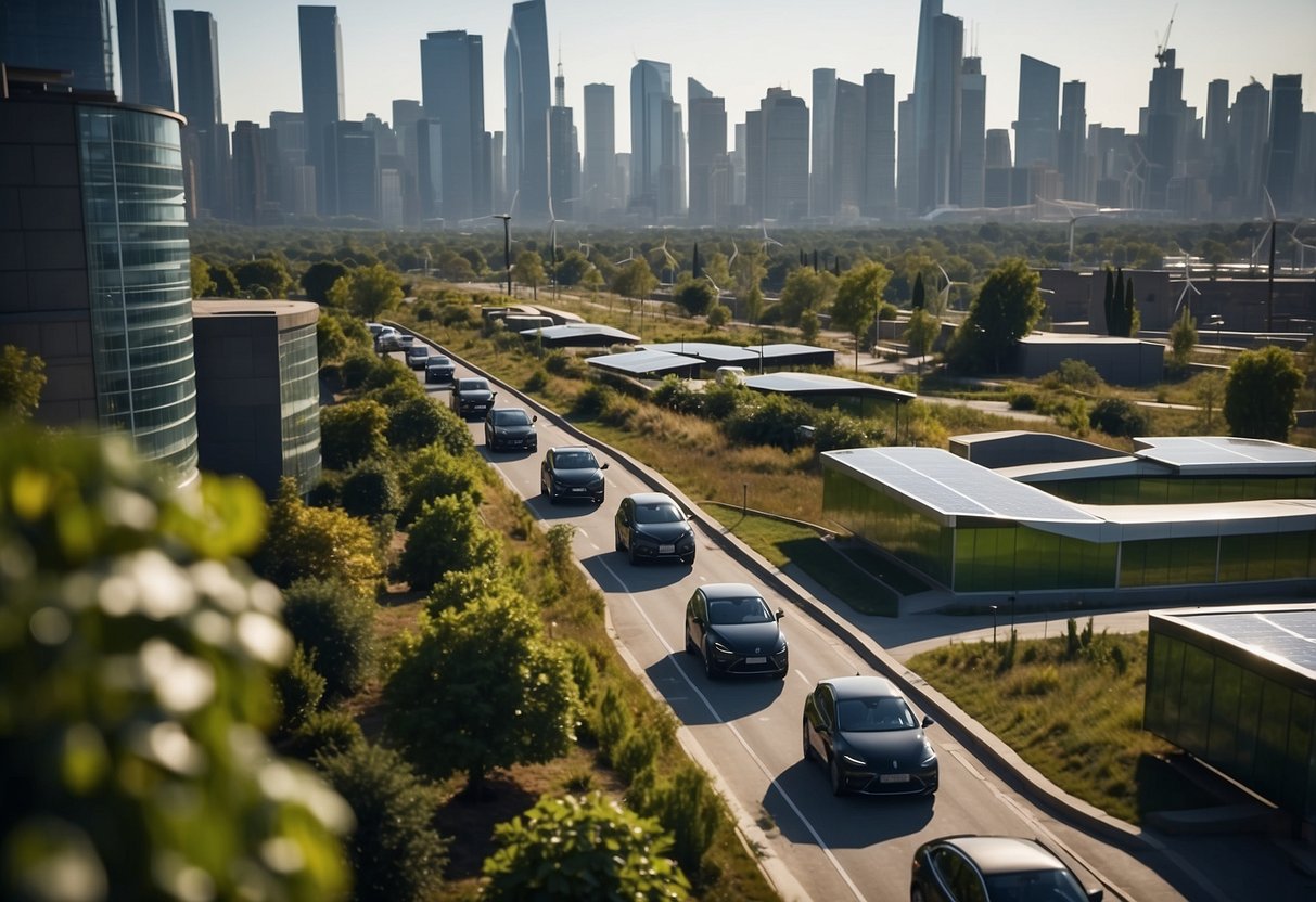 A bustling city skyline with solar panels and wind turbines integrated into the architecture, electric vehicles driving on the streets, and green spaces throughout