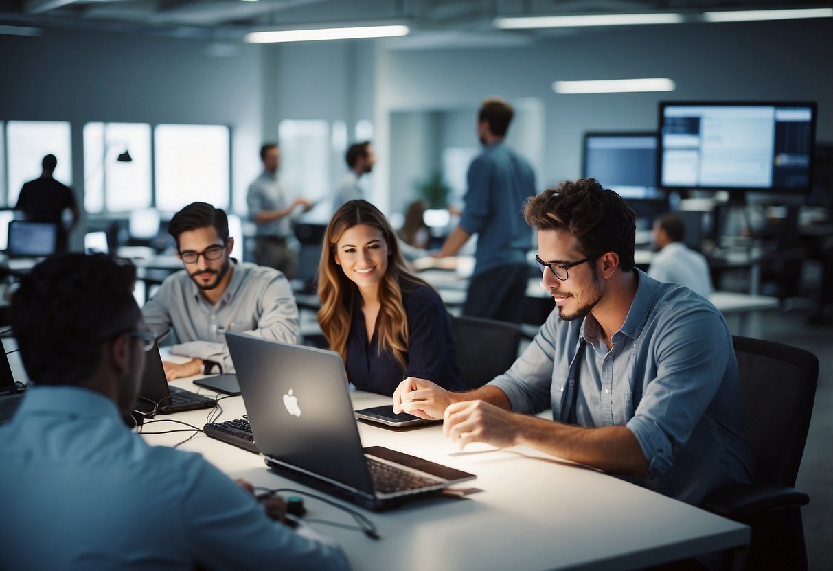 A bustling tech lab with diverse engineers brainstorming, problem-solving, and experimenting with cutting-edge sustainable technology