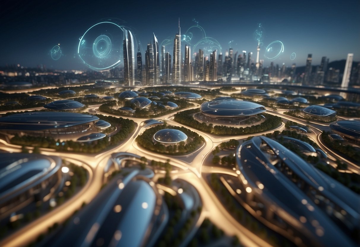 A futuristic city skyline with renewable energy sources integrated into buildings and transportation, showcasing the intersection of technology and sustainability