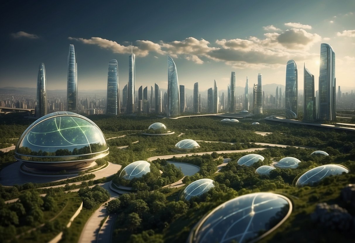 A futuristic city skyline with green energy sources and eco-friendly buildings