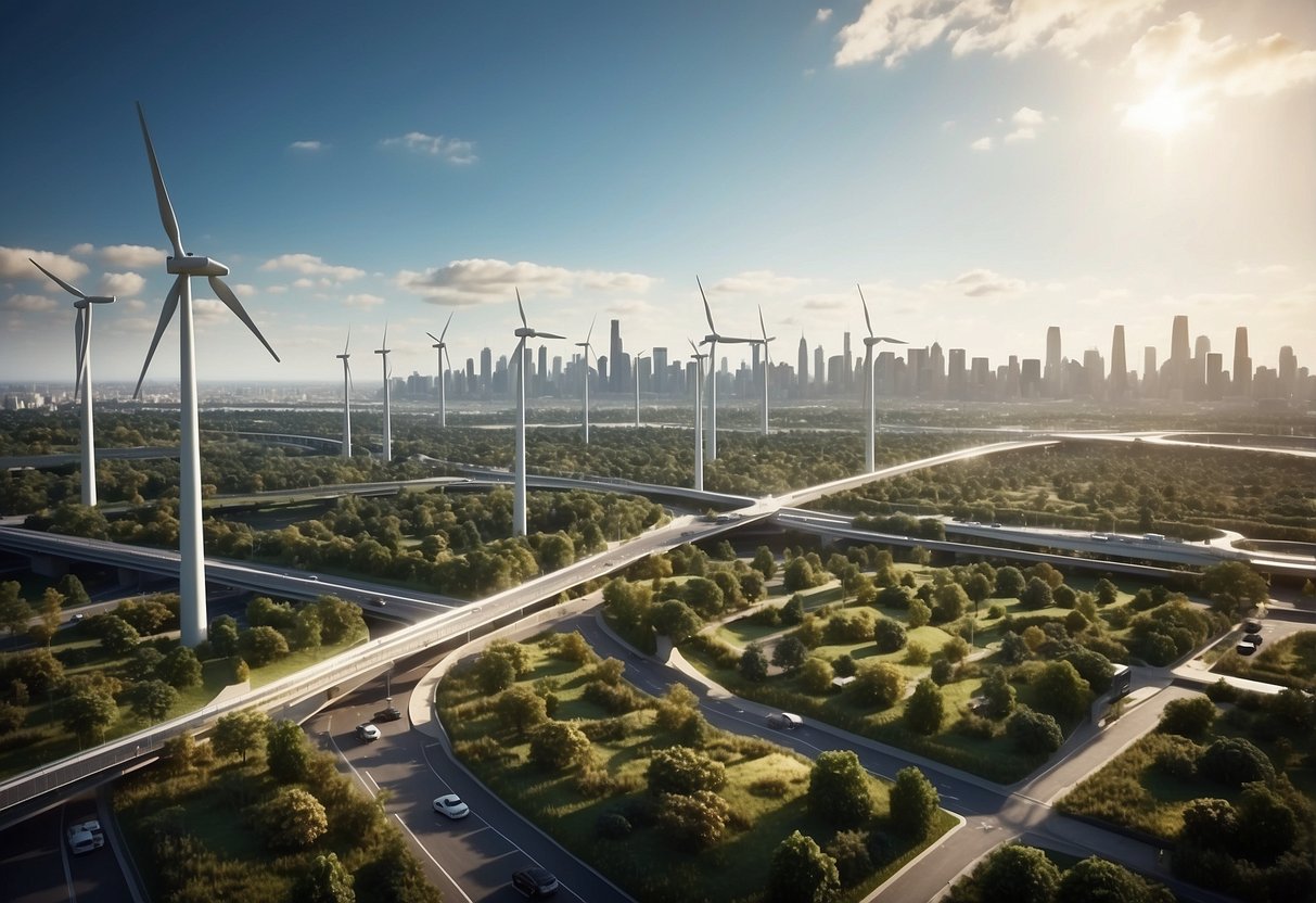 A bustling city skyline with wind turbines and solar panels integrated into the architecture, electric vehicles on the streets, and green spaces throughout