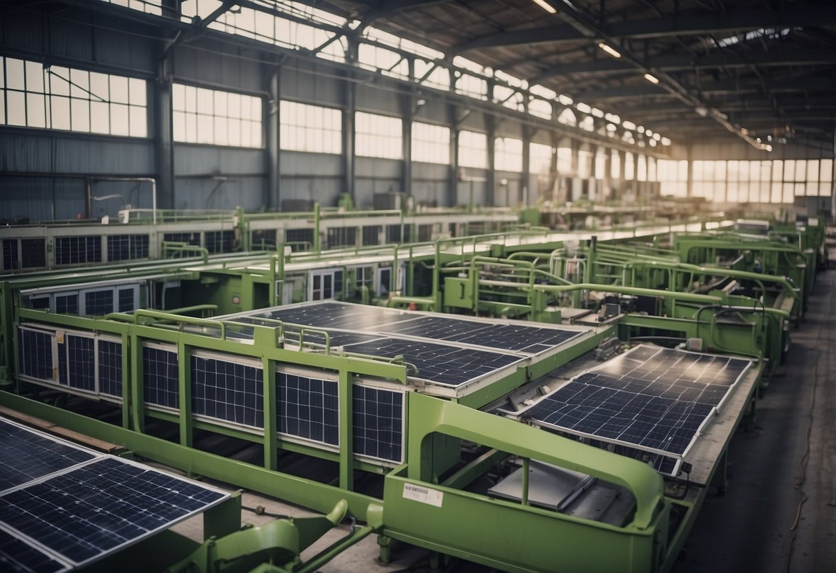 A factory with solar panels, wind turbines, and recycling systems. Products are designed for longevity and easy disassembly for material reuse