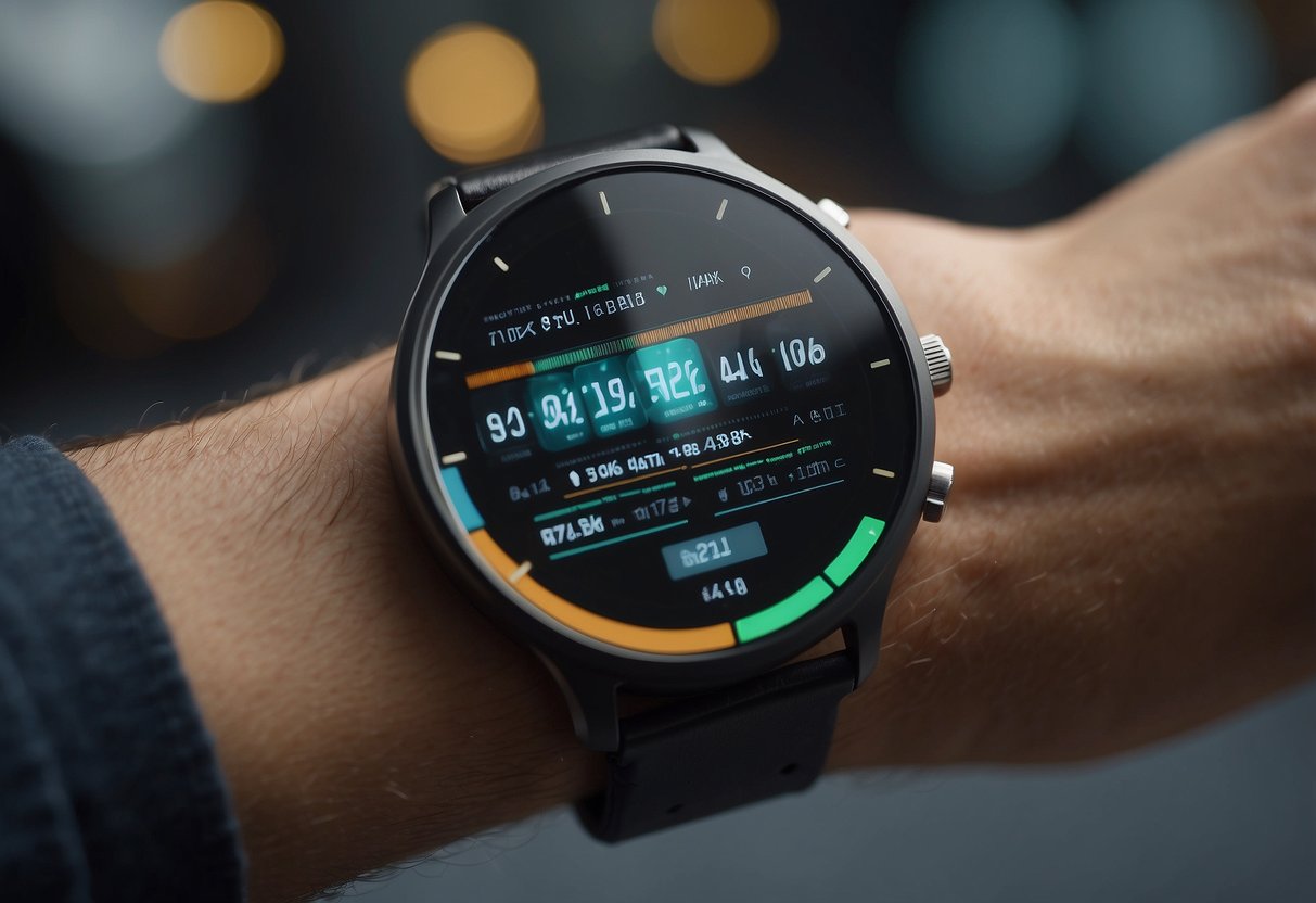 A sleek smartwatch displays vital signs and incoming messages, while a pair of augmented reality glasses projects a holographic interface in front of the user