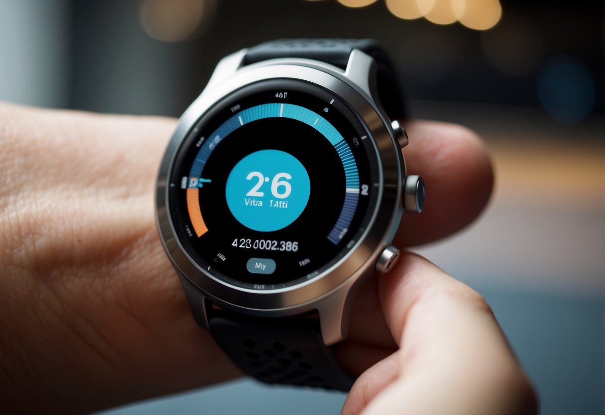 A smartwatch with health apps displayed, surrounded by fitness equipment and wearable tech devices