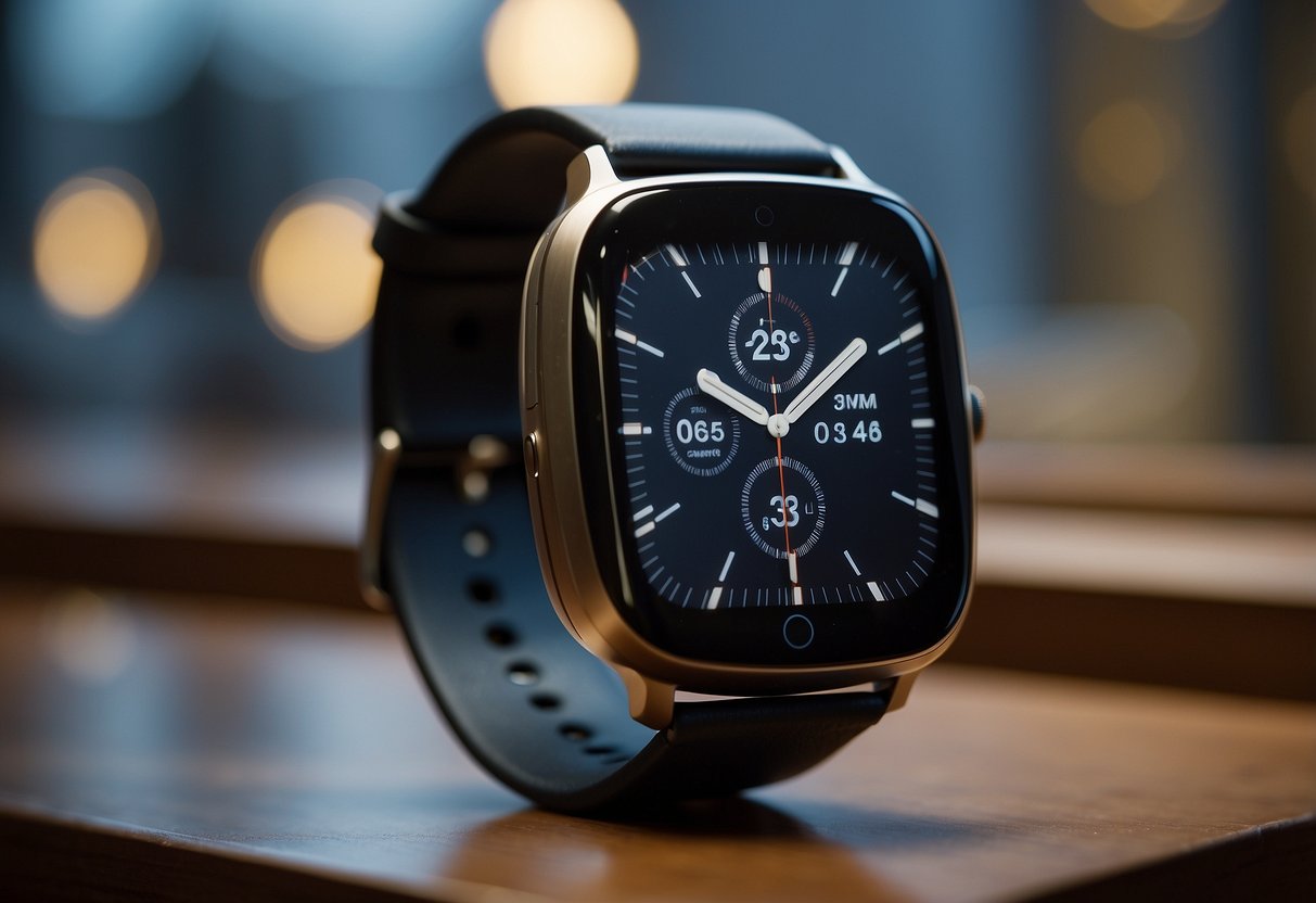 A sleek smartwatch with a glowing display, connected to a charging dock. Solar panels and compact batteries surround the device, showcasing advancements in power sources and battery life for wearable tech