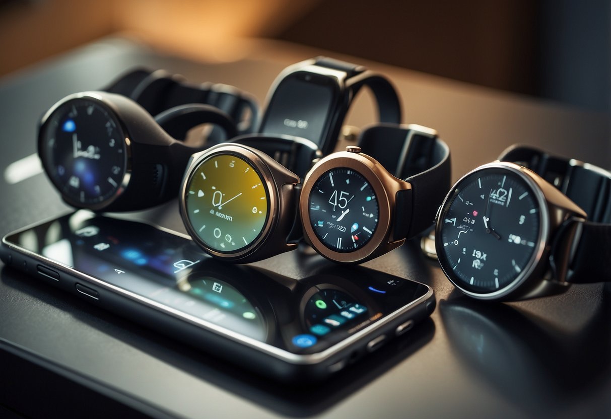 A variety of wearable tech devices, such as smartwatches, fitness trackers, and augmented reality glasses, are displayed on a sleek, modern table. The devices are surrounded by futuristic, high-tech gadgets and tools, creating a sense of innovation and advancement