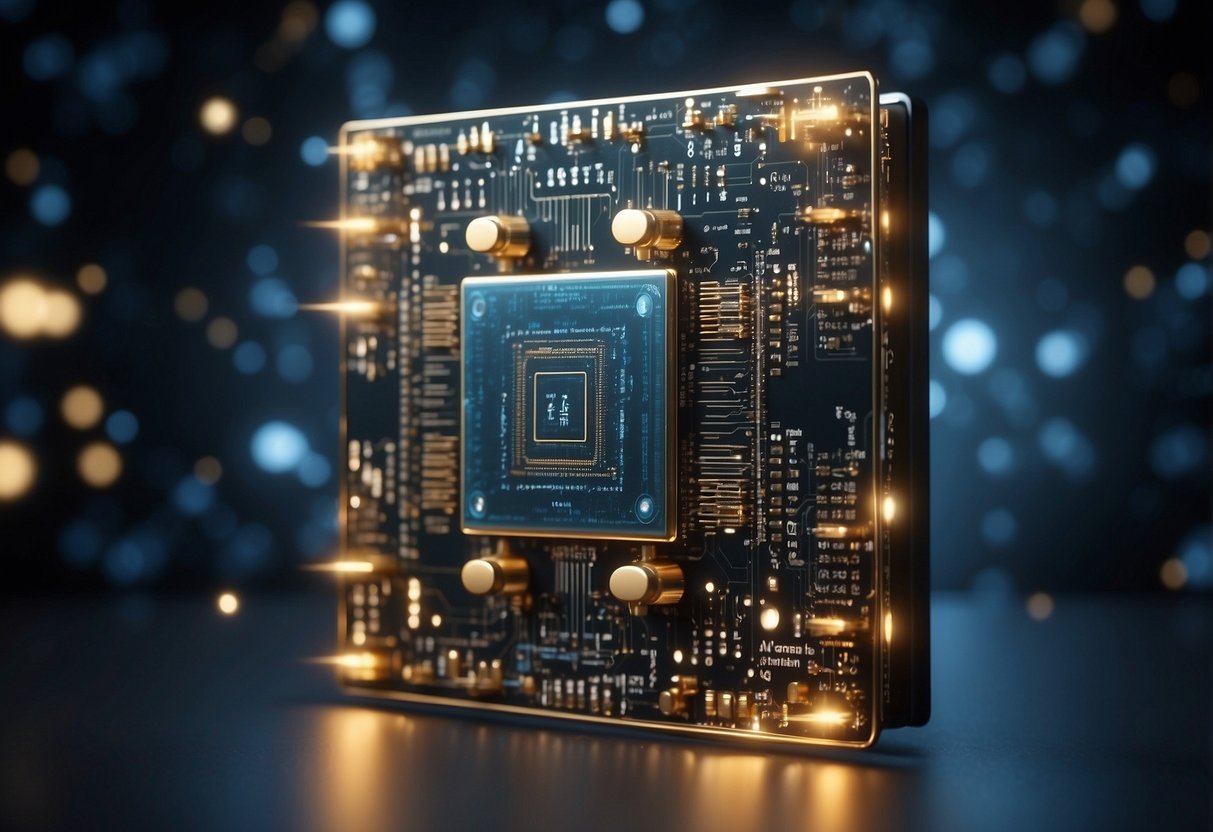 A quantum computer with glowing qubits and entangled particles, surrounded by mathematical equations and circuit diagrams