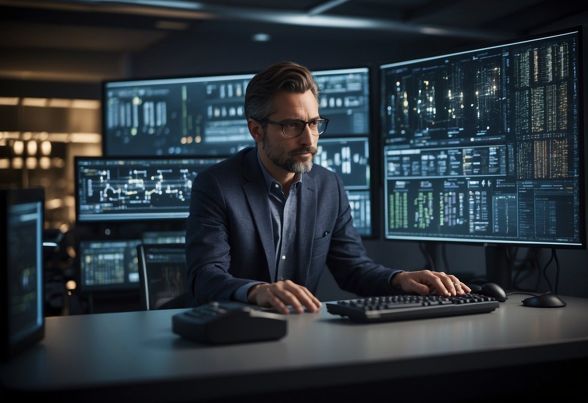 A quantum computer sits on a desk, connected to various electronic devices. A scientist observes data on a screen, while a complex algorithm runs in the background