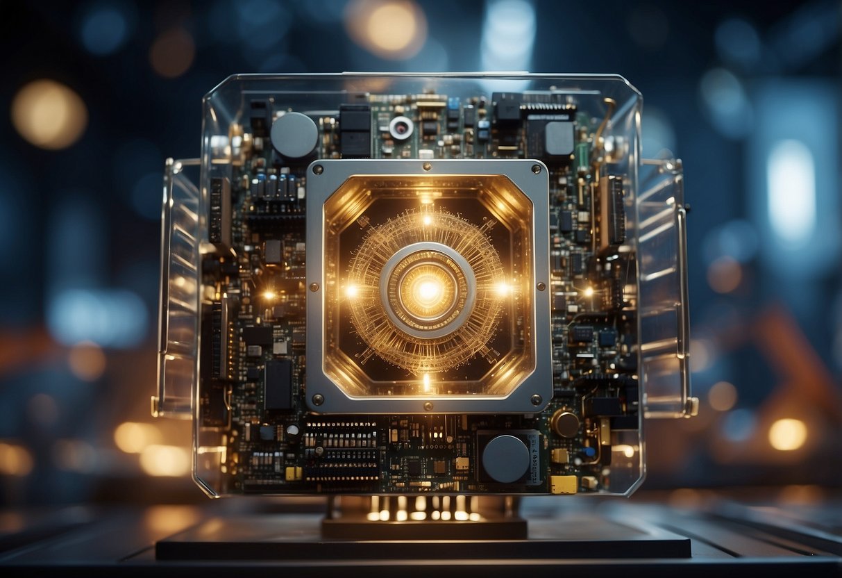 A quantum computer surrounded by various industry symbols, emitting a powerful glow, while scientists and engineers look on in amazement