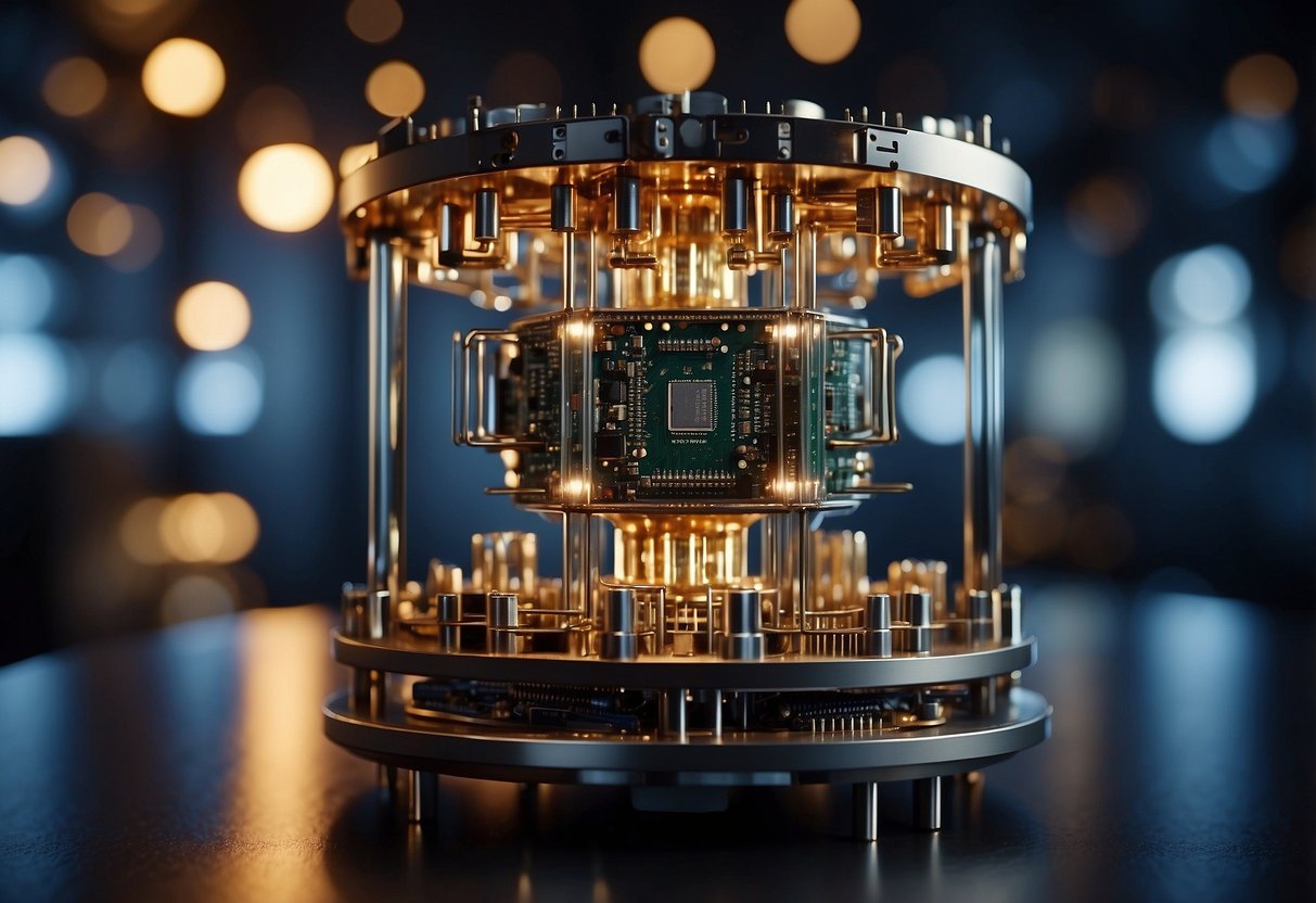 A quantum computer surrounded by glowing, interconnected nodes, symbolizing future breakthroughs and theoretical limitations in quantum computing